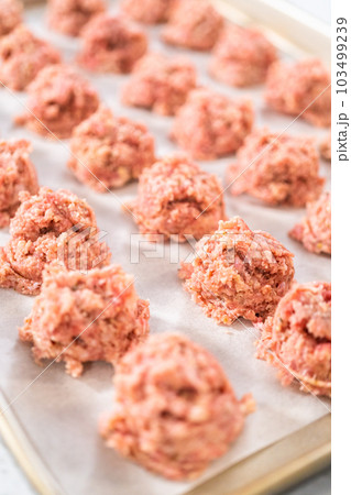 Scooping ground meat with dough scoop into a baking sheet lined with parchment paper to prepare oven-baked meatballs. Scooping ground meat with dough scoop into a baking sheet lined with parchment paper to prepare oven-baked meatballs. 103499239