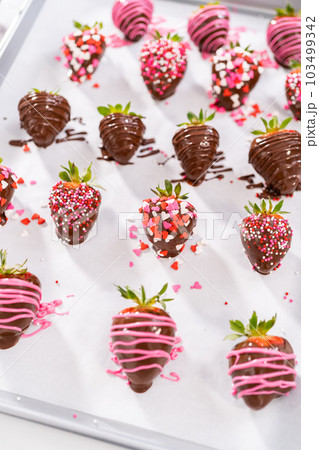 Decorating chocolate-covered strawberries with chocolate drizzles and sprinkles. Decorating chocolate-covered strawberries with chocolate drizzles and sprinkles. 103499342