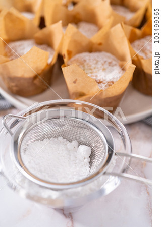 Garnishing freshly baked apple sharlotka muffin dusted with powdered sugar. 103499365
