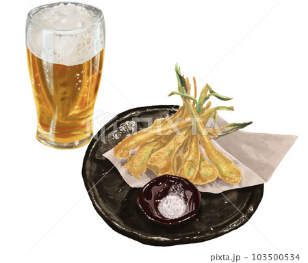 島らっきょうの天ぷらと冷えたビールの手描き風イラスト 103500534