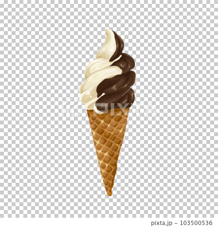 Two-color soft ice cream of vanilla and chocolate on a waffle cone hand drawn style illustration 103500536