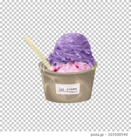 strawberry and ube ice cream in a cup hand drawn style illustration 103500540