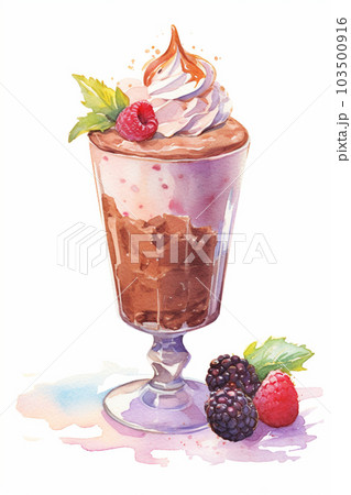ベリーとチョコレートのパフェ　水彩イラスト　AI画像 103500916