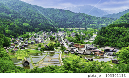 岐阜県 白川郷合掌造り集落 城跡展望台からの風景 世界遺産 岐阜県 白川郷合掌造り集落 城跡展望台からの風景 世界遺産 103501158