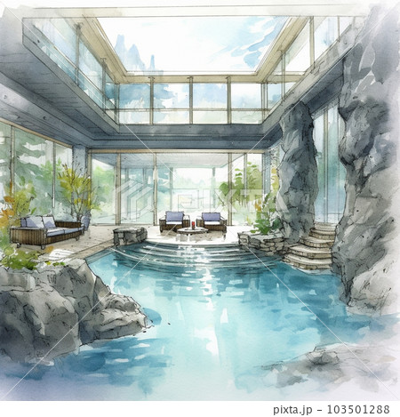 水彩画 温泉宿の大浴場 AI画像のイラスト素材 [103501288] - PIXTA