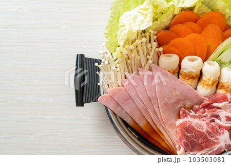 sukiyaki or shabu hot pot black soup with meat raw and vegetable sukiyaki or shabu hot pot black soup with meat raw and vegetable 103503081