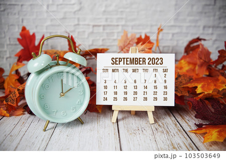 September 2023 monthly calendar maple leaf decoration on wooden background September 2023 monthly calendar maple leaf decoration on wooden background 103503649