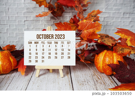October 2023 monthly calendar maple leaf decoration on wooden background 103503650