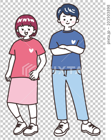 お揃いの服を着て寄り添う若いカップル　ペアルック 103503898