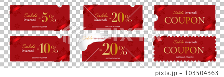 Christmas red ribbon snow coupon vector design set for Italian winter sale Christmas red ribbon snow coupon vector design set for Italian winter sale 103504363