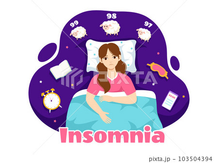 Insomnia Vector Illustration with Young People Unable to Sleep, Thinking and Eyes Open at Night Bedroom in Flat Cartoon Hand Drawn Templates 103504394