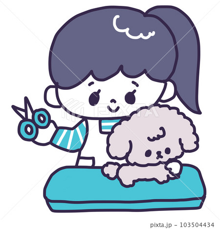 トリミングサロンでハサミを持った若い女性にカットされているかわいいトイプードルの犬のイラスト 103504434