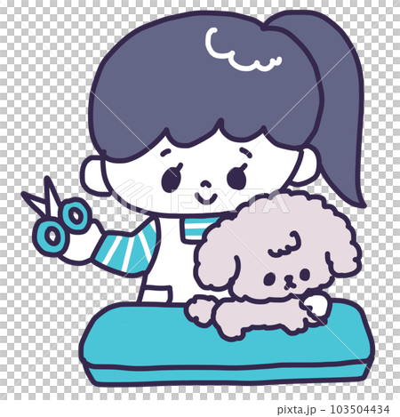 トリミングサロンでハサミを持った若い女性にカットされているかわいいトイプードルの犬のイラスト 103504434