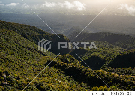 Beautiful landscape at the lower slopes of the Mt.Taranaki volcano in Egmont national park, New Zealand. In this national park has many route for hiking one day is Pouakai Crossing. Beautiful landscape at the lower slopes of the Mt.Taranaki volcano in Egmont national park, New Zealand. In this national park has many route for hiking one day is Pouakai Crossing. 103505309