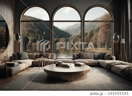 Beautiful rustic cottage with wooden walls and ceilings. Big window with vue on lake and forest on a sunny day. Scandinavian interior design. AI Generative. 103505545