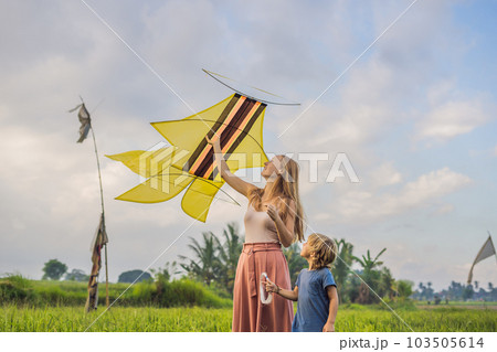 Mom and son launch a kite in a rice field in Ubud, Bali Island, Indonesia 103505614