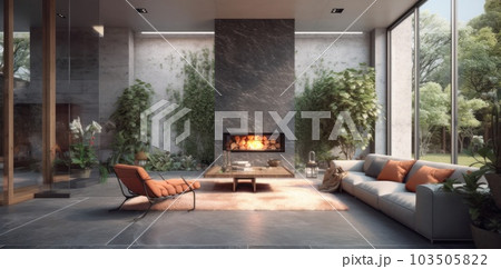 Panoramic view of luxurious living room with fireplace sofa with natural view. Generative AI. Panoramic view of luxurious living room with fireplace sofa with natural view. Generative AI. 103505822