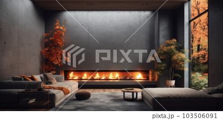 Panoramic view of luxurious living room with fireplace sofa with natural view. Generative AI. 103506091