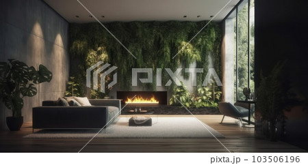 Panoramic view of luxurious living room with fireplace sofa with natural view. Generative AI. Panoramic view of luxurious living room with fireplace sofa with natural view. Generative AI. 103506196