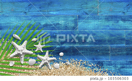 白いヒトデと貝と椰子の葉、夏色ウッドデッキの背景 103506303