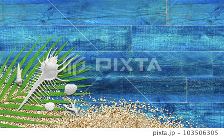 貝と砂珊瑚と椰子の葉、夏色ウッドデッキの背景 103506305