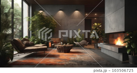 Panoramic view of luxurious living room with fireplace sofa with natural view. Generative AI. Panoramic view of luxurious living room with fireplace sofa with natural view. Generative AI. 103506725