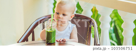 Child boy drinking healthy green vegetable smoothie - healthy eating, vegan, vegetarian, organic food and drink concept BANNER, LONG FORMAT Child boy drinking healthy green vegetable smoothie - healthy eating, vegan, vegetarian, organic food and drink concept BANNER, LONG FORMAT 103506751