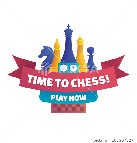 Time to chess, play now isolated sticker. Chess club label design with chess pieces, double chess clock and chessboard. Intellectual duel and tactical battle on chess board vector illustration. 103507327
