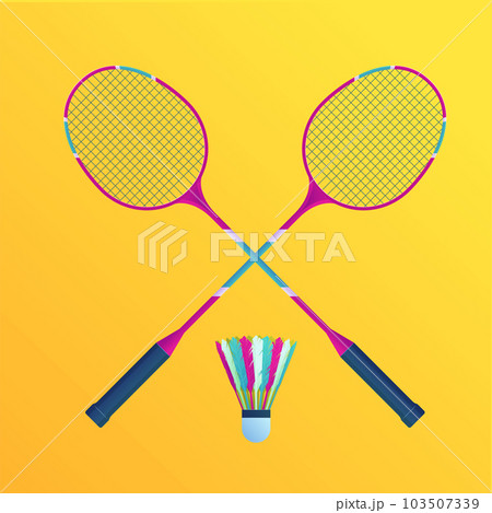 Badminton rackets with shuttlecock set. Sports equipment for badminton isolated vector illustration. Colorful rackets on yellow background. Sports game competition and tournament sign. Badminton rackets with shuttlecock set. Sports equipment for badminton isolated vector illustration. Colorful rackets on yellow background. Sports game competition and tournament sign. 103507339