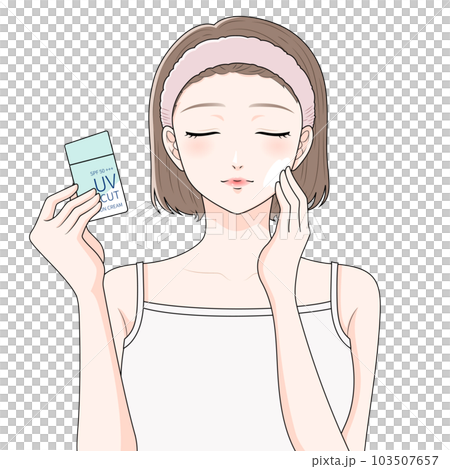 A woman wearing a hair band applying sunscreen A woman wearing a hair band applying sunscreen 103507657