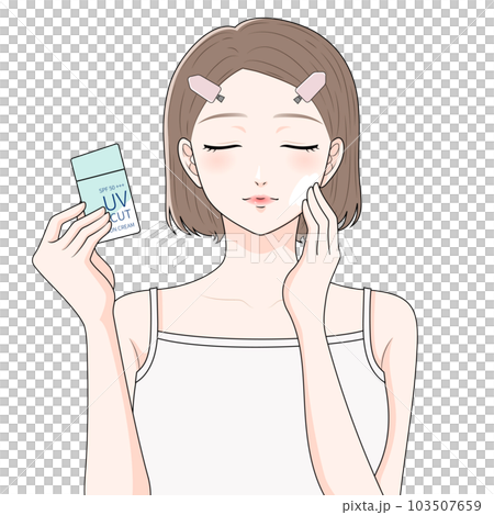 日焼け止めを塗る前髪クリップをつけた女性 103507659