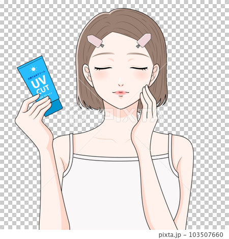 日焼け止めクリームをもつ前髪クリップをつけた女性 103507660
