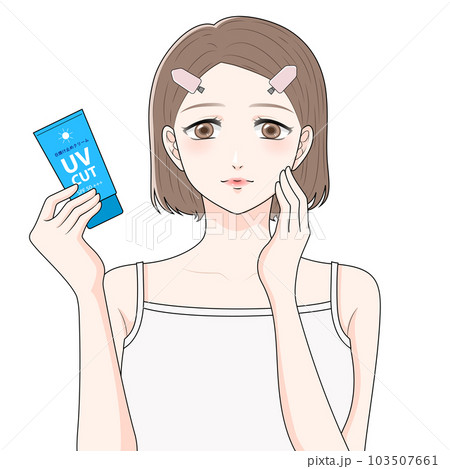 日焼け止めクリームをもつ前髪クリップをつけた女性 目を開ける 日焼け止めクリームをもつ前髪クリップをつけた女性 目を開ける 103507661