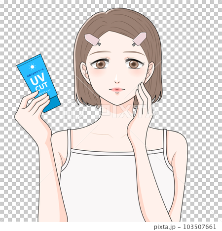 日焼け止めクリームをもつ前髪クリップをつけた女性 目を開ける 日焼け止めクリームをもつ前髪クリップをつけた女性 目を開ける 103507661