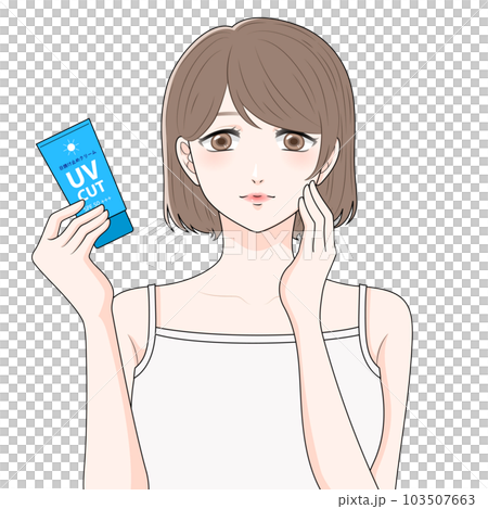 A woman with sun cream open her eyes A woman with sun cream open her eyes 103507663