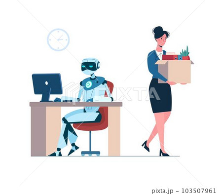 Woman lost her job due to robotics. The robot is in the workplace, and person is fired. Business people, unemployment. Artificial intelligence has replaced humans. Flat vector illustration isolated Woman lost her job due to robotics. The robot is in the workplace, and person is fired. Business people, unemployment. Artificial intelligence has replaced humans. Flat vector illustration isolated 103507961