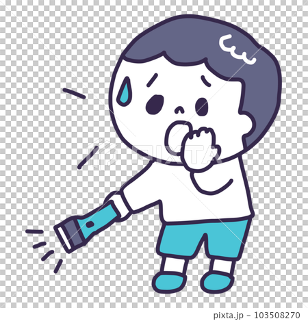 Illustration of a young man looking for a lost dog cat with a flashlight in his hand (whole body) 103508270