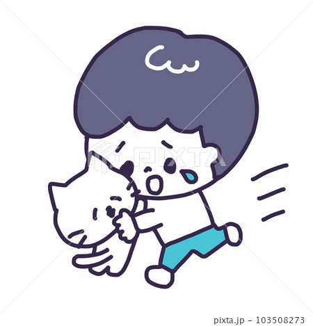 かわいい白い色の子猫と男の子が抱き合うイラスト（全身） 103508273