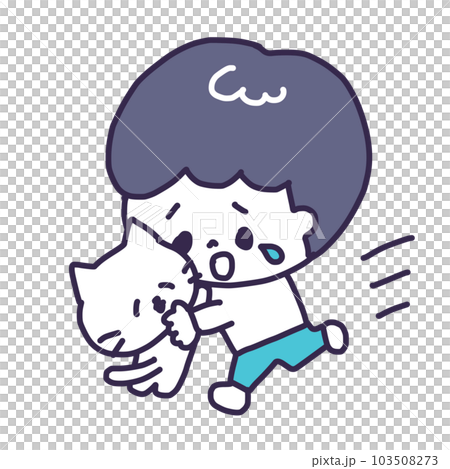 かわいい白い色の子猫と男の子が抱き合うイラスト（全身） 103508273