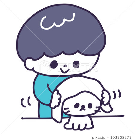 かわいい白い色の子猫をタオルで拭いている若い男性のイラスト かわいい白い色の子猫をタオルで拭いている若い男性のイラスト 103508275