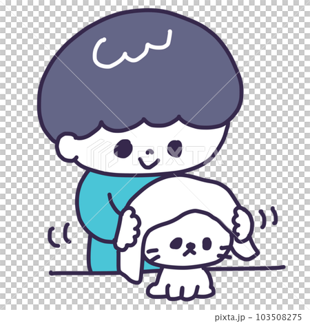 かわいい白い色の子猫をタオルで拭いている若い男性のイラスト かわいい白い色の子猫をタオルで拭いている若い男性のイラスト 103508275