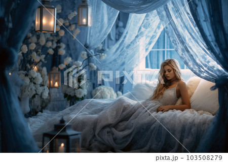天蓋付きのベッドでやすらぐ美しい西洋人女性　青色のインテリア 103508279
