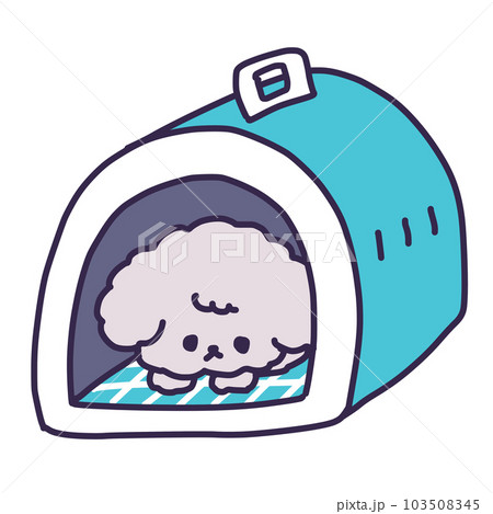 クレートに入って横になっているかわいいトイプードルの子犬のイラスト（しつけ） 103508345