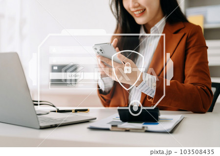 Cyber security concept, Login, User, identification information security and encryption, secure access to user's personal information woman using smart phone and tablet . Cyber security concept, Login, User, identification information security and encryption, secure access to user's personal information woman using smart phone and tablet . 103508435