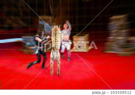 Abstract blurred image of circus performance. Man and woman with trained white tiger in defocus 103509512