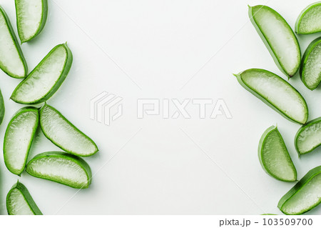 Fresh Aloe vera slice with aloe gel on white background. Aloe vera leaf slice background for herbal medicine or skin care treatment. Fresh Aloe vera slice with aloe gel on white background. Aloe vera leaf slice background for herbal medicine or skin care treatment. 103509700
