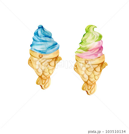 Taiyaky dessert ice-cream collection. Two colorfull ice-cream in fish vaffle. Watercolor illustration on isolated white background 103510134