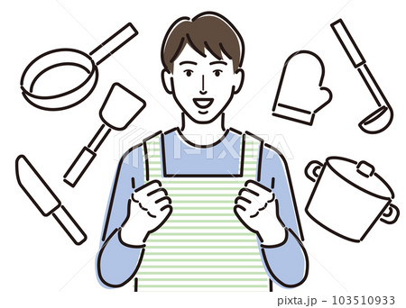 調理器具とやる気満々のエプロン姿の男性 103510933