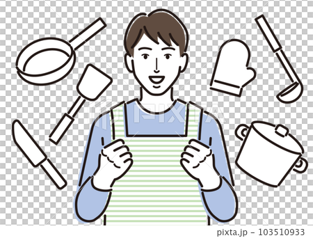 Cooking utensils and a man in an apron full of motivation 103510933