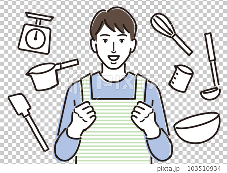Confectionery tools and a man in an apron full of motivation 103510934